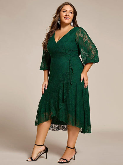 pretty CAMILLE|Plus Size Midi Long Lantern Sleeves V-Neck Lace Wedding Guest Dress