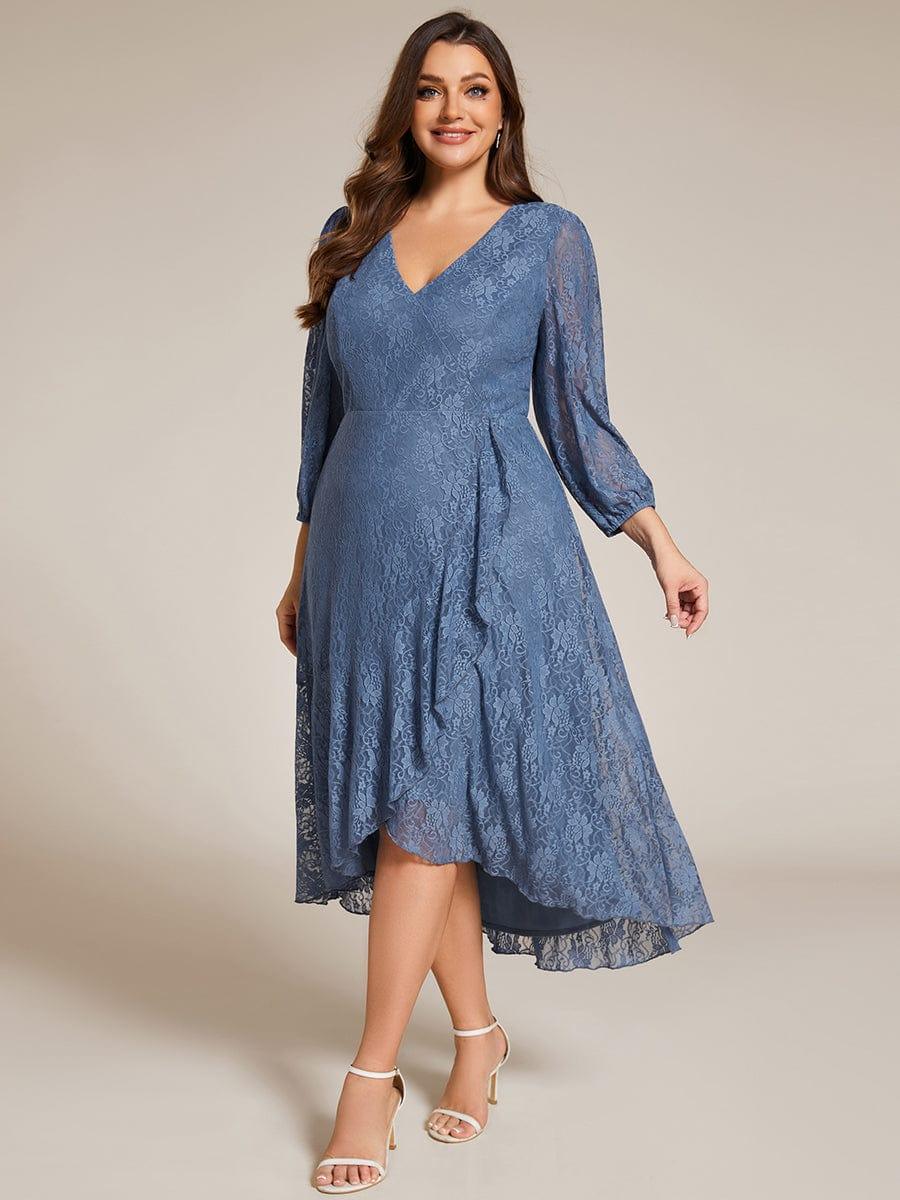pretty CAMILLE|Plus Size Midi Long Lantern Sleeves V-Neck Lace Wedding Guest Dress
