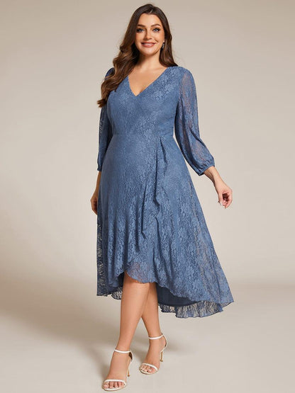 pretty CAMILLE|Plus Size Midi Long Lantern Sleeves V-Neck Lace Wedding Guest Dress