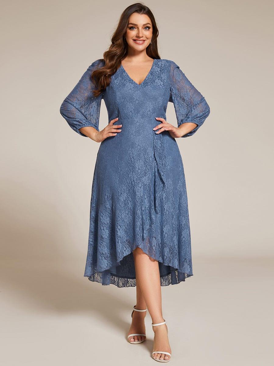 pretty CAMILLE|Plus Size Midi Long Lantern Sleeves V-Neck Lace Wedding Guest Dress