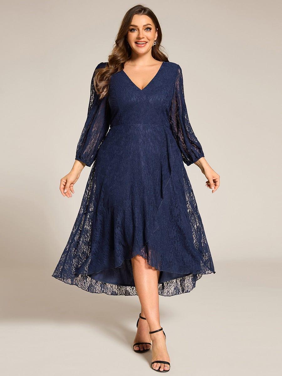 pretty CAMILLE|Plus Size Midi Long Lantern Sleeves V-Neck Lace Wedding Guest Dress