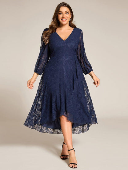pretty CAMILLE|Plus Size Midi Long Lantern Sleeves V-Neck Lace Wedding Guest Dress
