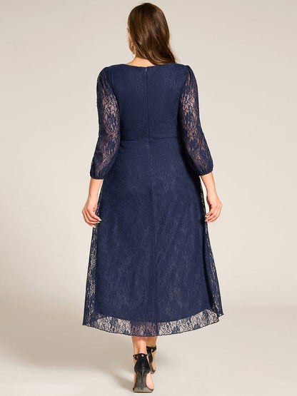 pretty CAMILLE|Plus Size Midi Long Lantern Sleeves V-Neck Lace Wedding Guest Dress