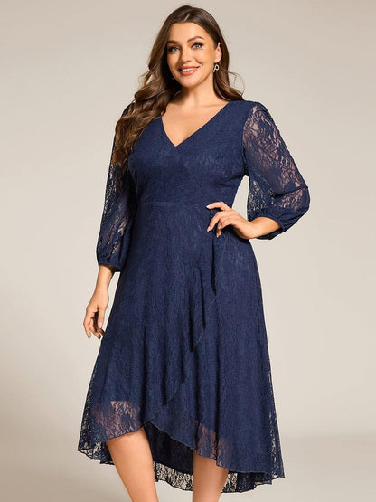 pretty CAMILLE|Plus Size Midi Long Lantern Sleeves V-Neck Lace Wedding Guest Dress