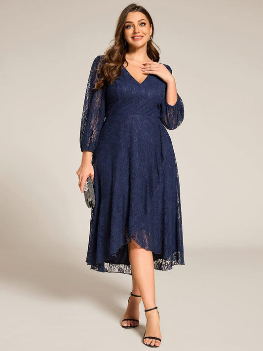 pretty CAMILLE|Plus Size Midi Long Lantern Sleeves V-Neck Lace Wedding Guest Dress
