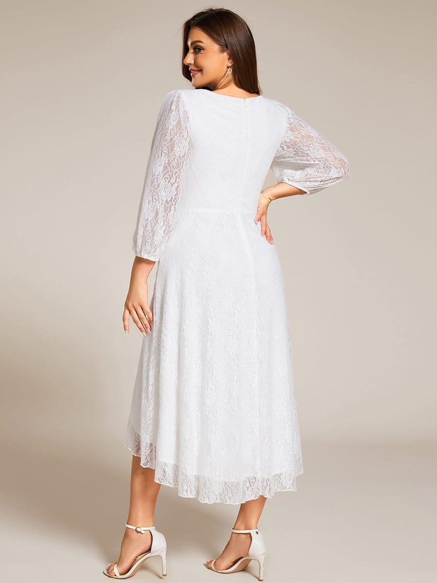 pretty CAMILLE|Plus Size Midi Long Lantern Sleeves V-Neck Lace Wedding Guest Dress