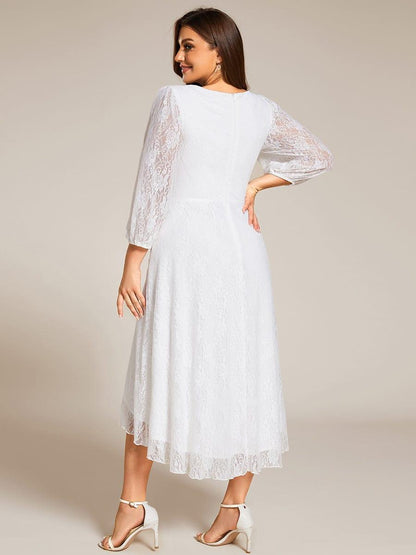 pretty CAMILLE|Plus Size Midi Long Lantern Sleeves V-Neck Lace Wedding Guest Dress