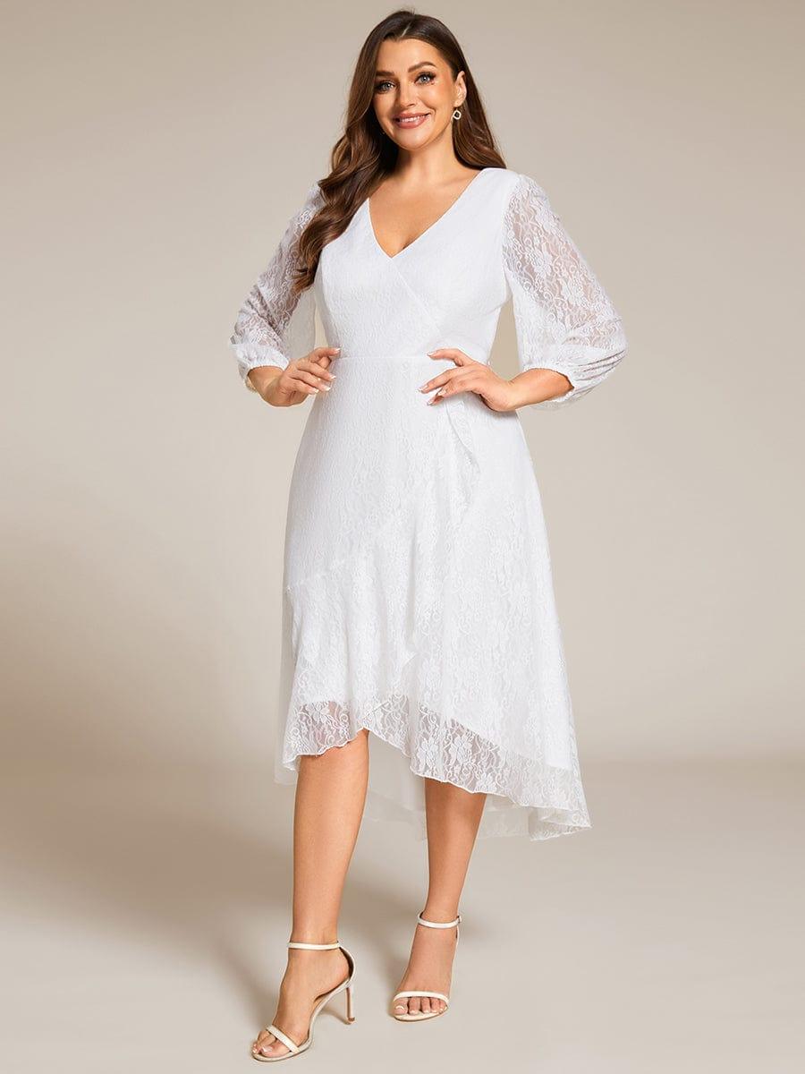 pretty CAMILLE|Plus Size Midi Long Lantern Sleeves V-Neck Lace Wedding Guest Dress