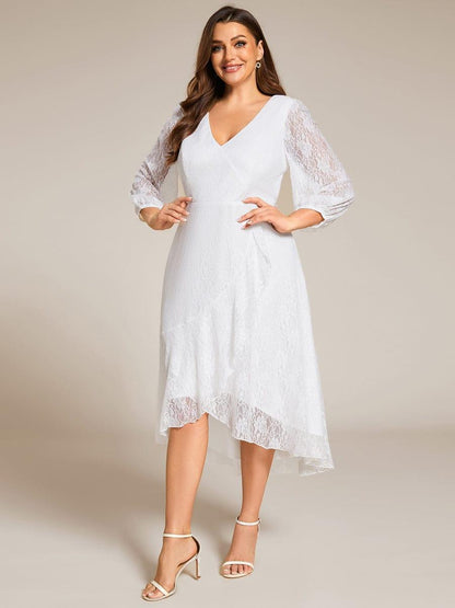 pretty CAMILLE|Plus Size Midi Long Lantern Sleeves V-Neck Lace Wedding Guest Dress