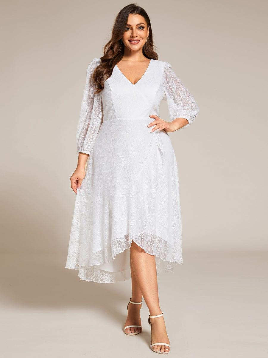 pretty CAMILLE|Plus Size Midi Long Lantern Sleeves V-Neck Lace Wedding Guest Dress