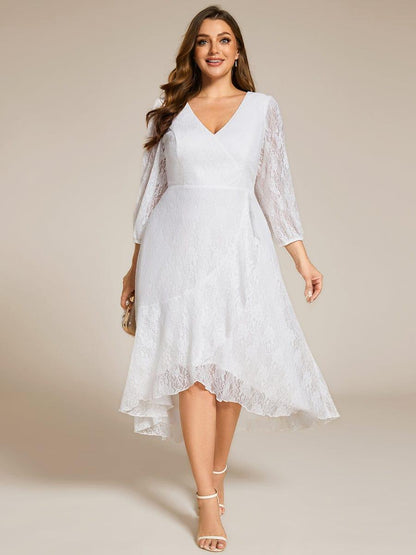 pretty CAMILLE|Plus Size Midi Long Lantern Sleeves V-Neck Lace Wedding Guest Dress