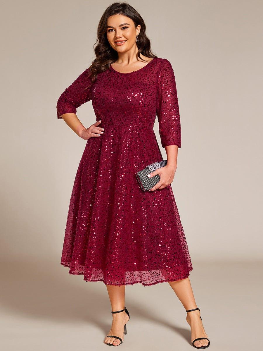 pretty SIENNA|Plus Size 3/4 Sleeve Midi Round Neck A-Line Sequin Wedding Guest Dress