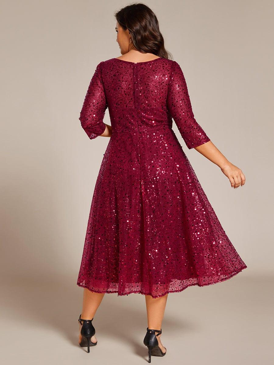 pretty SIENNA|Plus Size 3/4 Sleeve Midi Round Neck A-Line Sequin Wedding Guest Dress