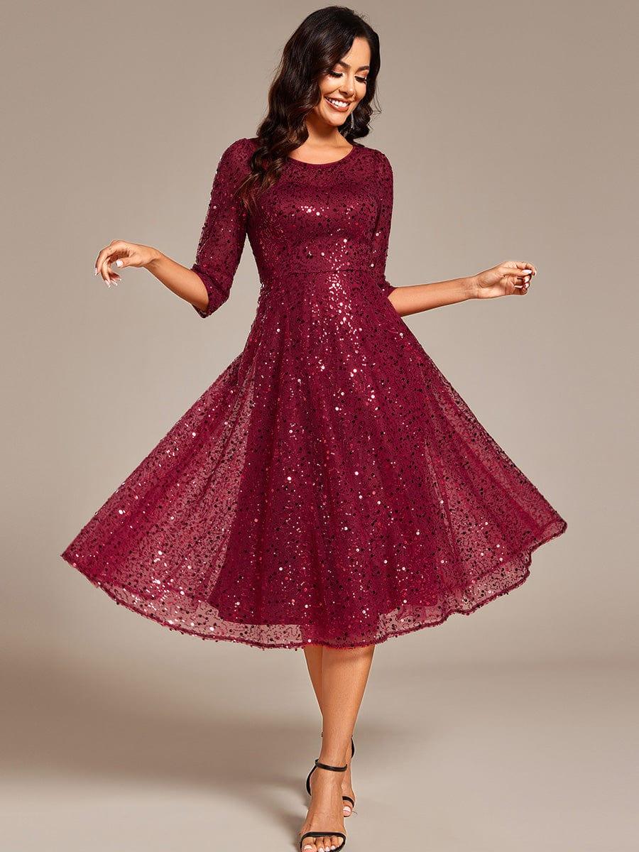 ever SIENNA|3/4 Sleeve Sparkly Sequin Round Neck Midi Wedding Guest Dress