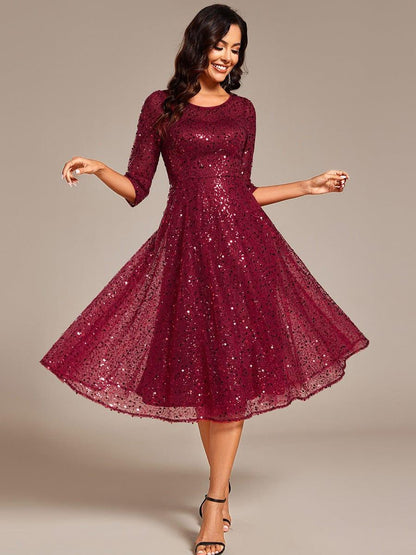 ever SIENNA|3/4 Sleeve Sparkly Sequin Round Neck Midi Wedding Guest Dress