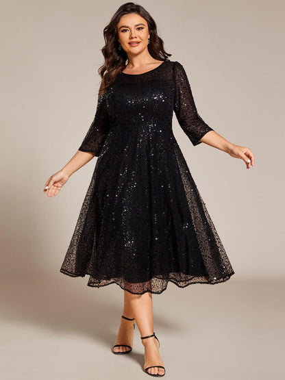 pretty SIENNA|Plus Size 3/4 Sleeve Midi Round Neck A-Line Sequin Wedding Guest Dress