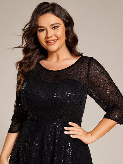 pretty SIENNA|Plus Size 3/4 Sleeve Midi Round Neck A-Line Sequin Wedding Guest Dress