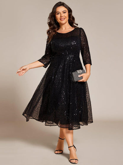 pretty SIENNA|Plus Size 3/4 Sleeve Midi Round Neck A-Line Sequin Wedding Guest Dress