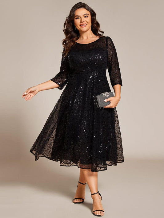 pretty SIENNA|Plus Size 3/4 Sleeve Midi Round Neck A-Line Sequin Wedding Guest Dress