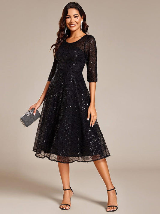 ever SIENNA|3/4 Sleeve Sparkly Sequin Round Neck Midi Wedding Guest Dress