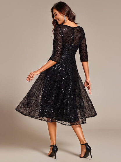 ever SIENNA|3/4 Sleeve Sparkly Sequin Round Neck Midi Wedding Guest Dress