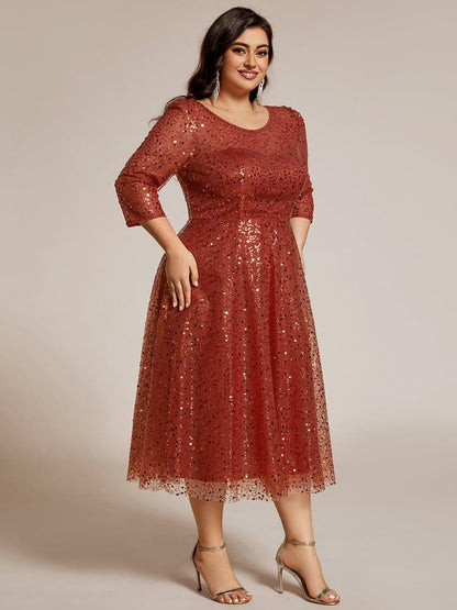 pretty SIENNA|Plus Size 3/4 Sleeve Midi Round Neck A-Line Sequin Wedding Guest Dress