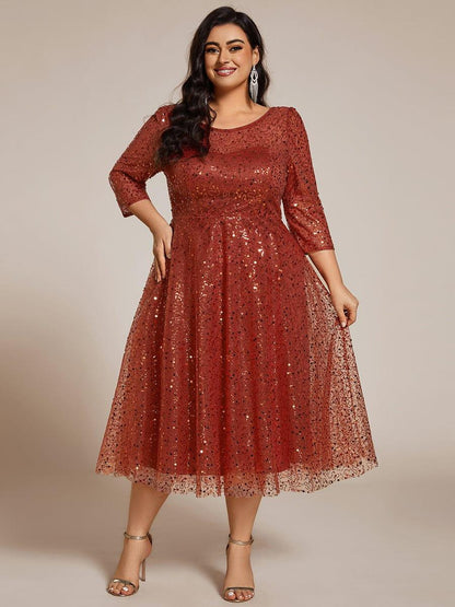 pretty SIENNA|Plus Size 3/4 Sleeve Midi Round Neck A-Line Sequin Wedding Guest Dress
