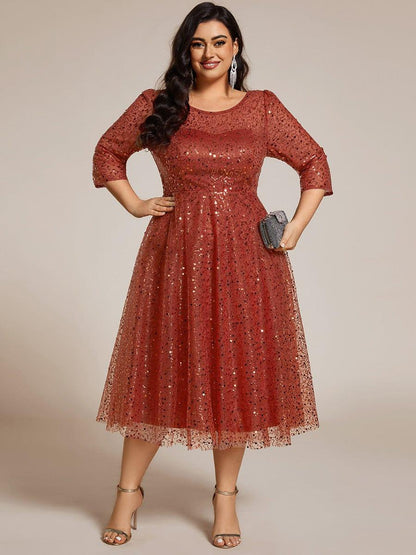 pretty SIENNA|Plus Size 3/4 Sleeve Midi Round Neck A-Line Sequin Wedding Guest Dress