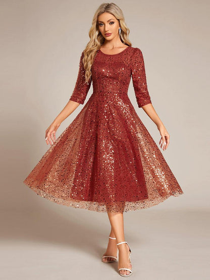 ever SIENNA|3/4 Sleeve Sparkly Sequin Round Neck Midi Wedding Guest Dress