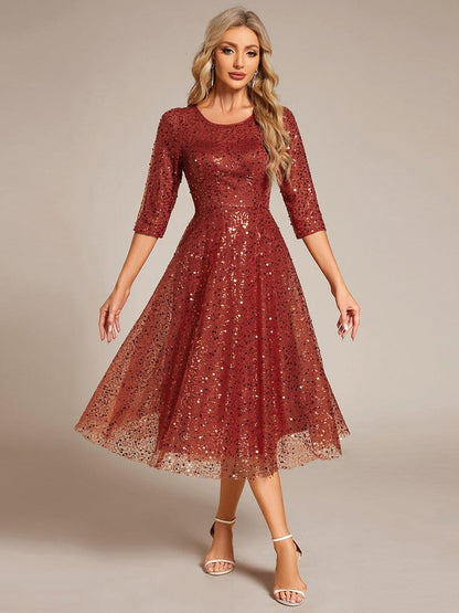 ever SIENNA|3/4 Sleeve Sparkly Sequin Round Neck Midi Wedding Guest Dress