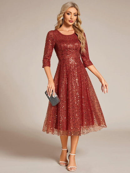 ever SIENNA|3/4 Sleeve Sparkly Sequin Round Neck Midi Wedding Guest Dress