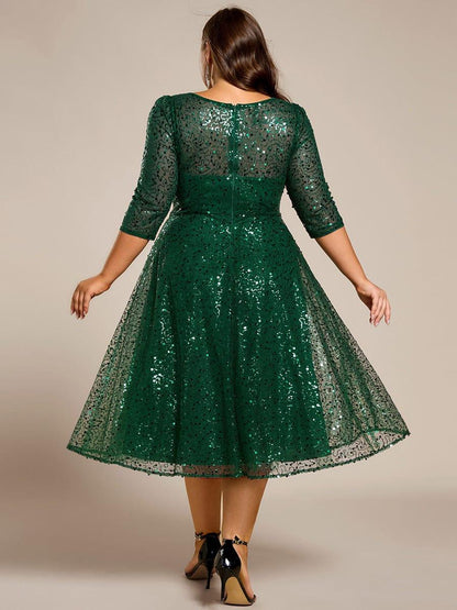 pretty SIENNA|Plus Size 3/4 Sleeve Midi Round Neck A-Line Sequin Wedding Guest Dress