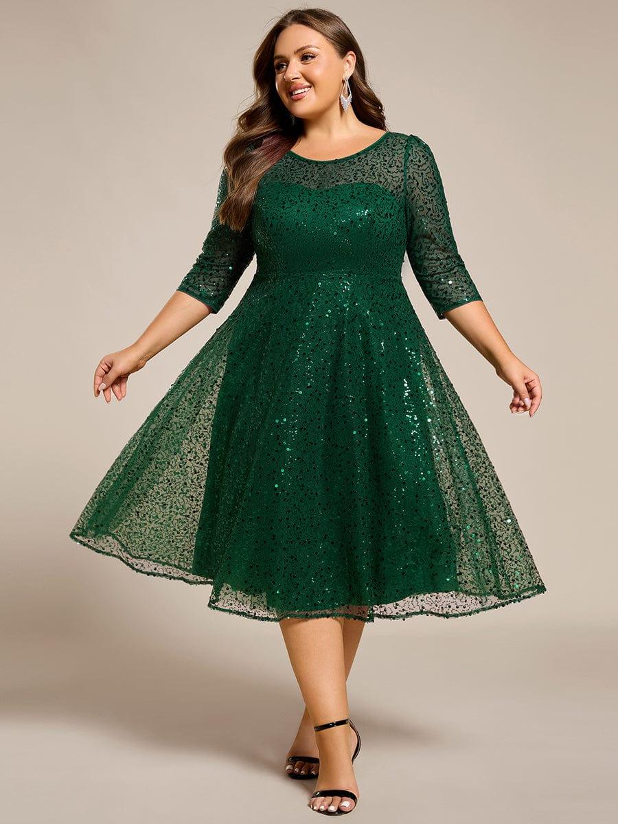 pretty SIENNA|Plus Size 3/4 Sleeve Midi Round Neck A-Line Sequin Wedding Guest Dress