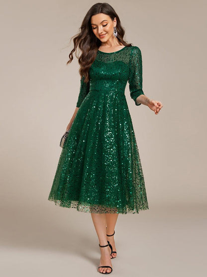 ever SIENNA|3/4 Sleeve Sparkly Sequin Round Neck Midi Wedding Guest Dress