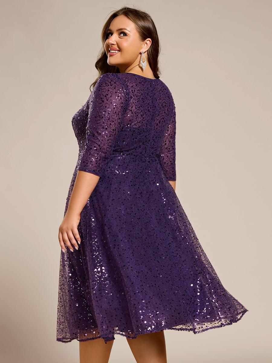 pretty SIENNA|Plus Size 3/4 Sleeve Midi Round Neck A-Line Sequin Wedding Guest Dress
