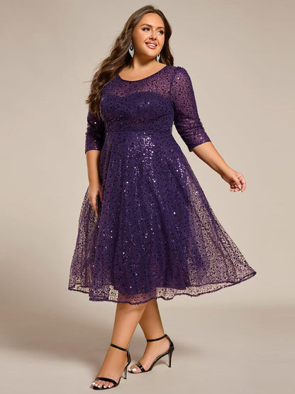 pretty SIENNA|Plus Size 3/4 Sleeve Midi Round Neck A-Line Sequin Wedding Guest Dress