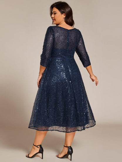pretty SIENNA|Plus Size 3/4 Sleeve Midi Round Neck A-Line Sequin Wedding Guest Dress