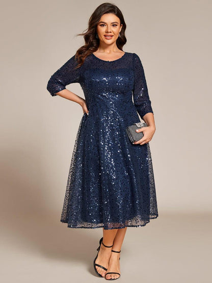 pretty SIENNA|Plus Size 3/4 Sleeve Midi Round Neck A-Line Sequin Wedding Guest Dress