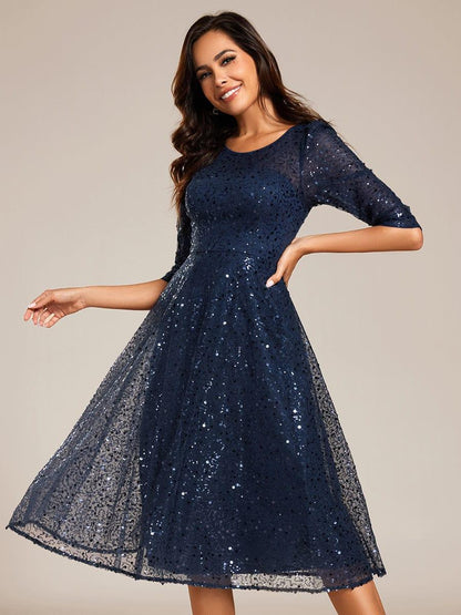 ever SIENNA|3/4 Sleeve Sparkly Sequin Round Neck Midi Wedding Guest Dress