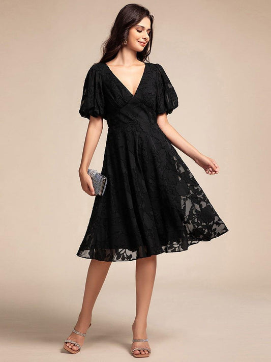 ever DANI|Puff Sleeve V-Neck Midi Wedding Guest Dress