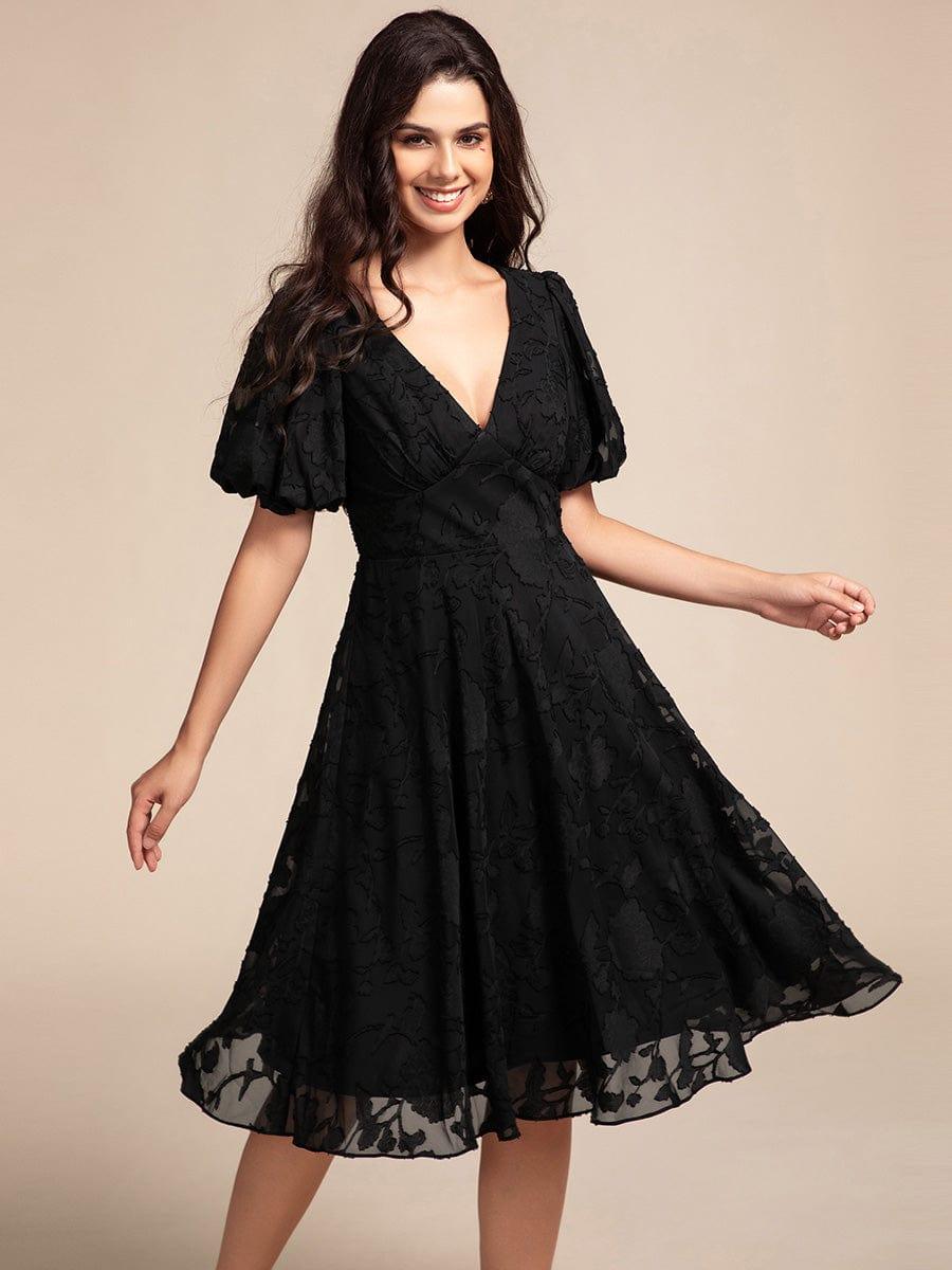 ever DANI|Puff Sleeve V-Neck Midi Wedding Guest Dress