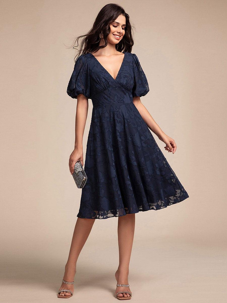 ever DANI|Puff Sleeve V-Neck Midi Wedding Guest Dress
