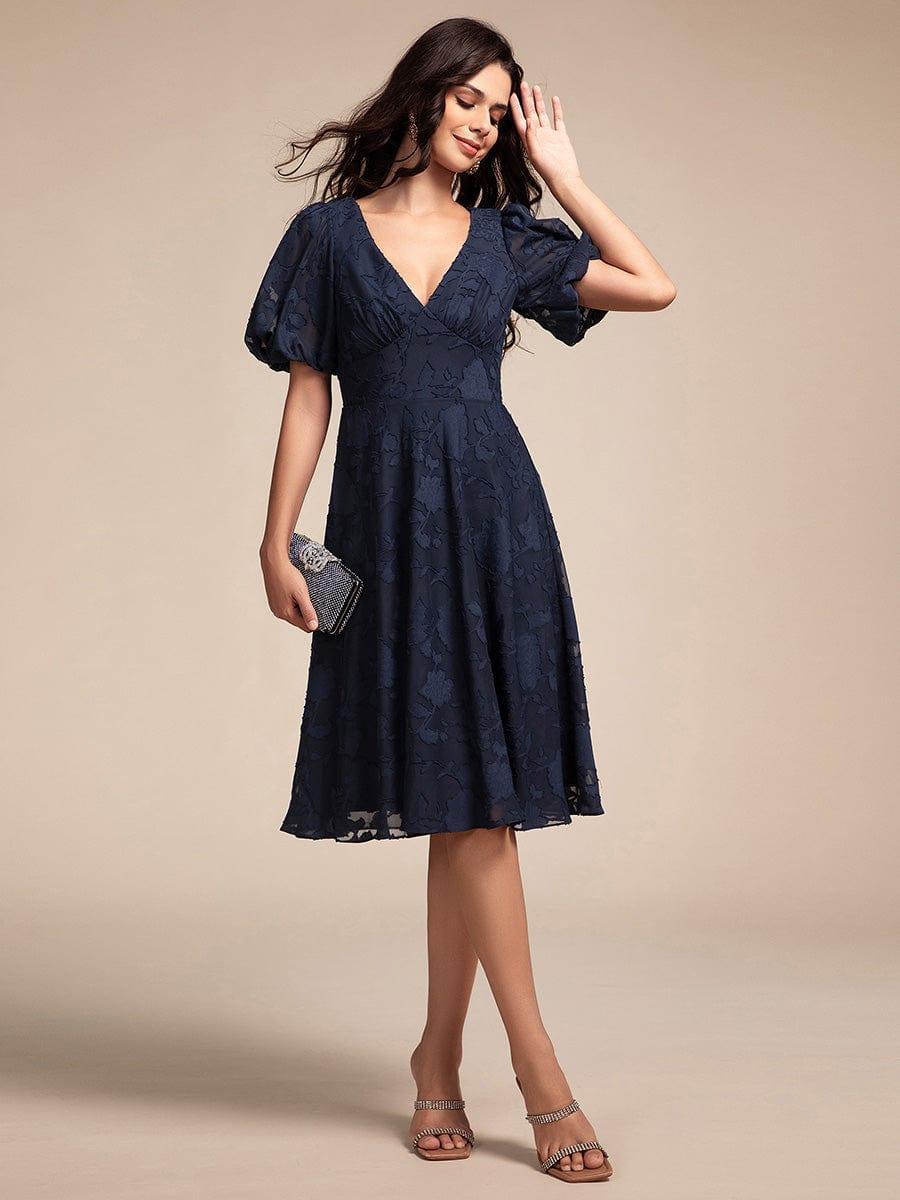 ever DANI|Puff Sleeve V-Neck Midi Wedding Guest Dress