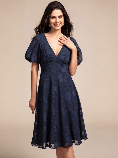 ever DANI|Puff Sleeve V-Neck Midi Wedding Guest Dress