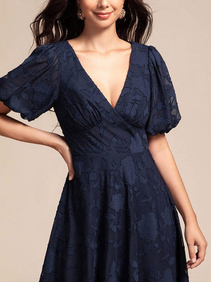 ever DANI|Puff Sleeve V-Neck Midi Wedding Guest Dress