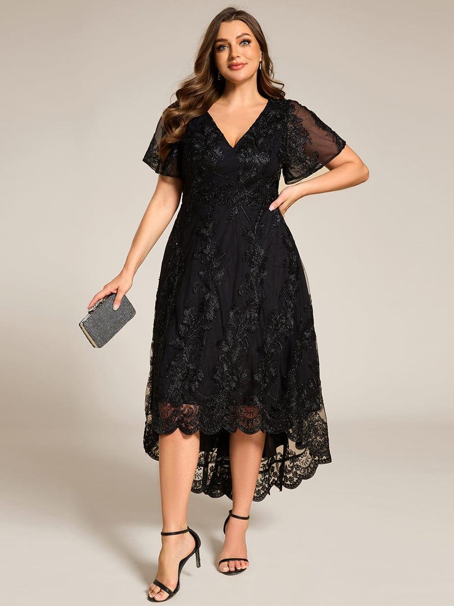 ever TIDAL|Embroidered Mesh Double V-Neck Short Sleeves Midi Wedding Guest Dress