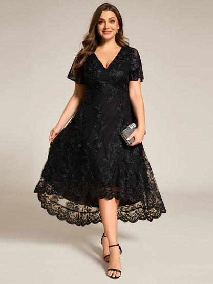 ever TIDAL|Embroidered Mesh Double V-Neck Short Sleeves Midi Wedding Guest Dress