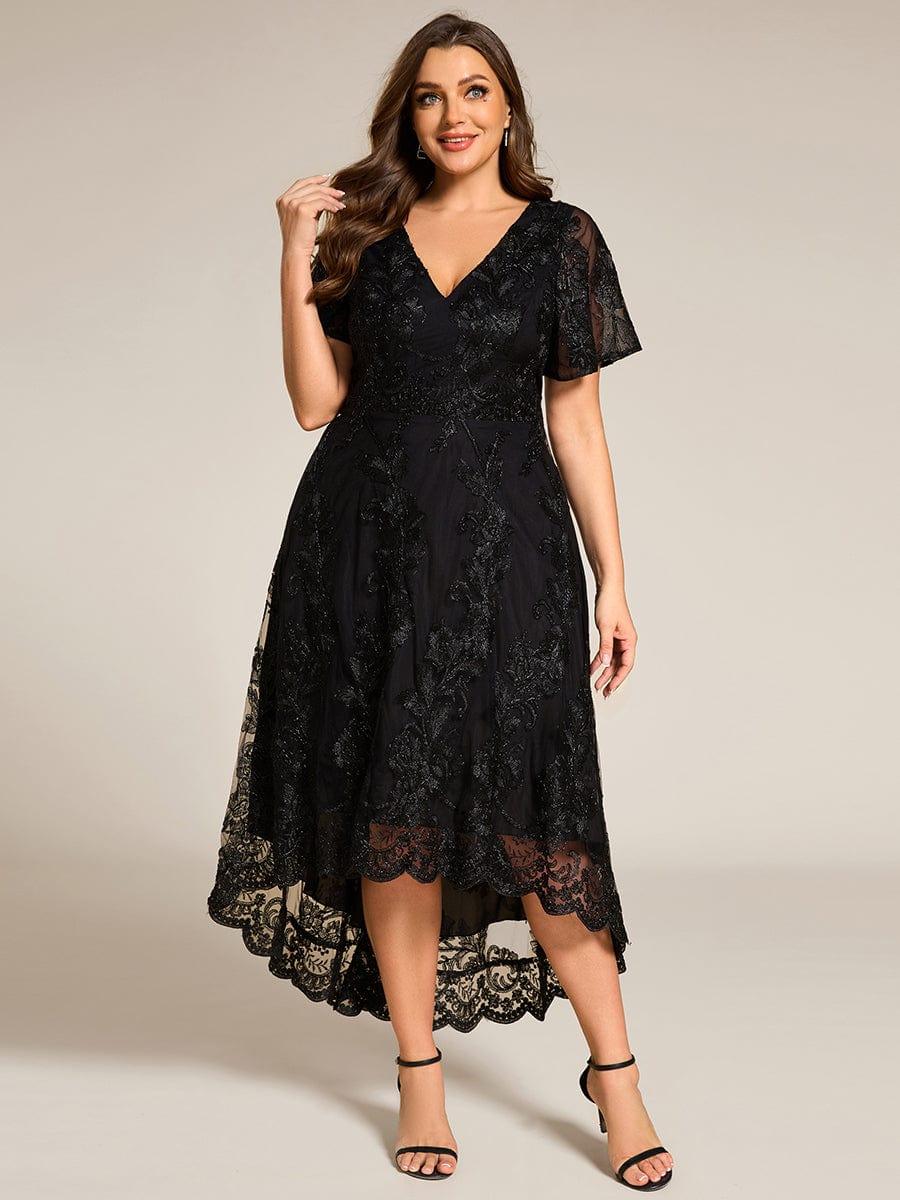 ever TIDAL|Embroidered Mesh Double V-Neck Short Sleeves Midi Wedding Guest Dress