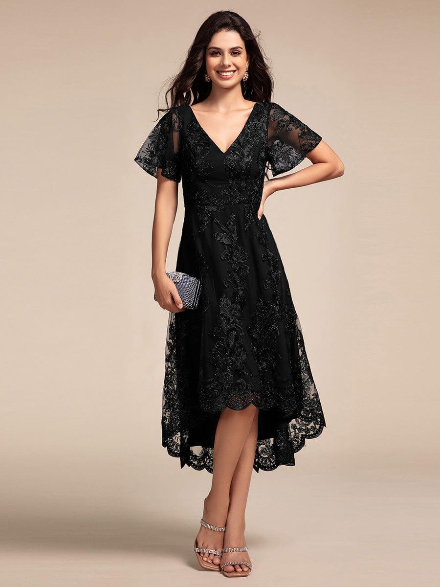 ever TIDAL|Embroidered Mesh Double V-Neck Short Sleeves Midi Wedding Guest Dress
