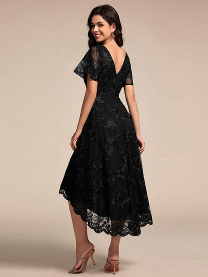 ever TIDAL|Embroidered Mesh Double V Neck Midi Mother of the Bride Dress